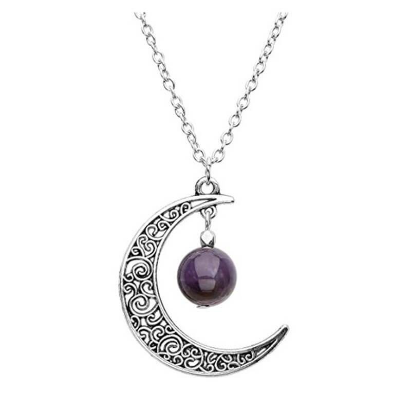 Pendentif Croissant de Lune et Pierre Naturelle avec Chaîne