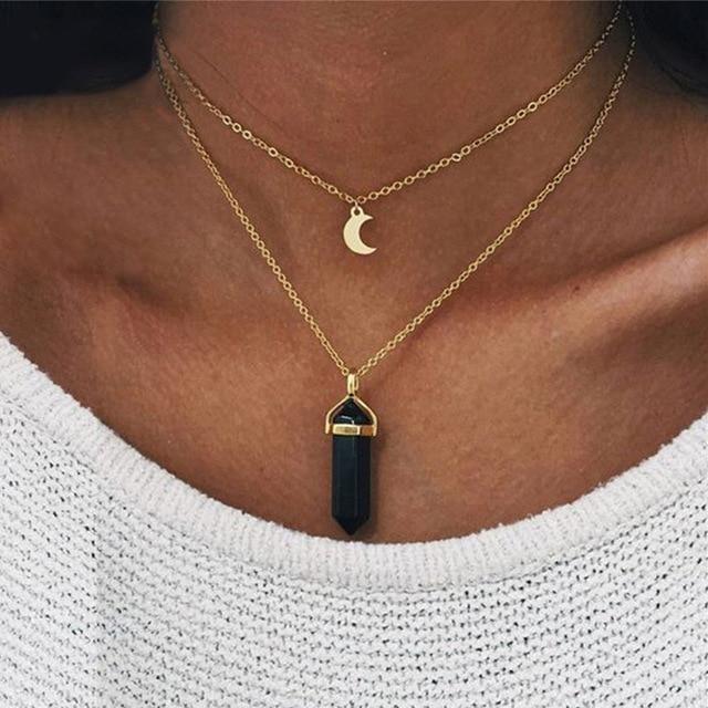 Collier Double Chaîne avec Pendentif en Pierre Naturelle