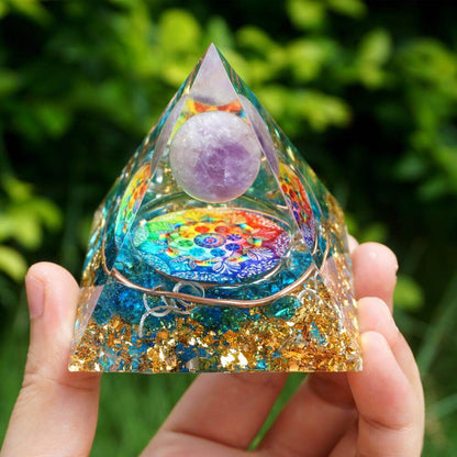 Pyramide Orgonite Améthyste et Quartz Bleu - Abondance et Protection