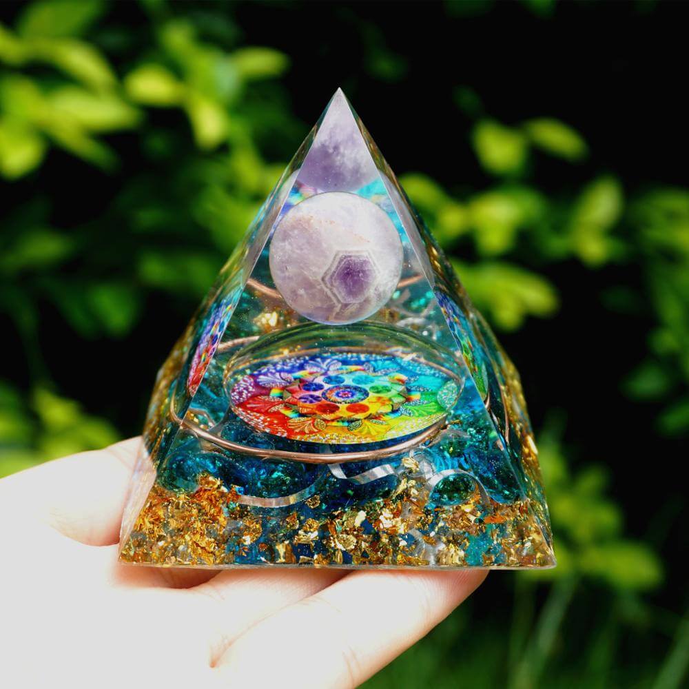 Pyramide Orgonite Améthyste et Quartz Bleu - Abondance et Protection