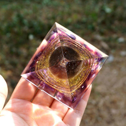 Pyramide Orgonite Quartz Fumé et Améthyste - Energie de l'univers