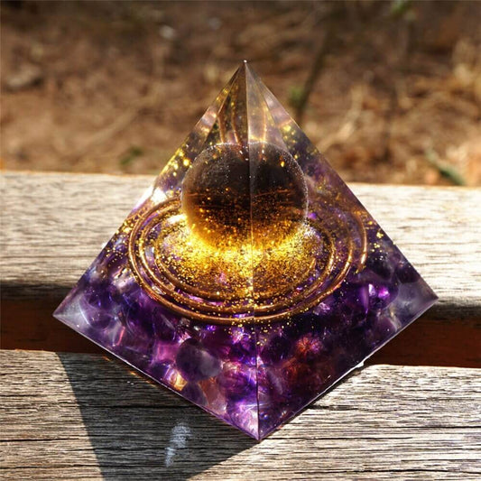 Pyramide Orgonite Quartz Fumé et Améthyste - Energie de l'univers