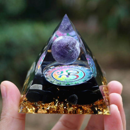 Pyramide Orgonite OM Améthyste et Obsidienne - Protection et Soutien