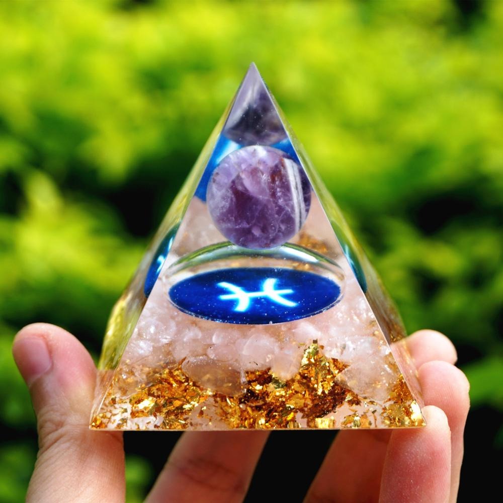 Pyramide Orgonite du Zodiaque Améthyste et Quartz Rose -  Poisson