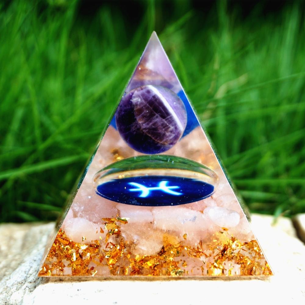 Pyramide Orgonite du Zodiaque Améthyste et Quartz Rose -  Poisson