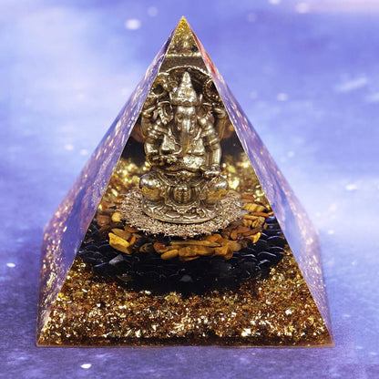 Pyramide Orgonite Ganesh Obsidienne et Oeil de Tigre - Prospérité