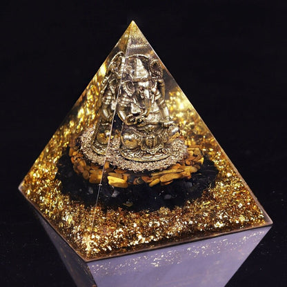 Pyramide Orgonite Ganesh Obsidienne et Oeil de Tigre - Prospérité