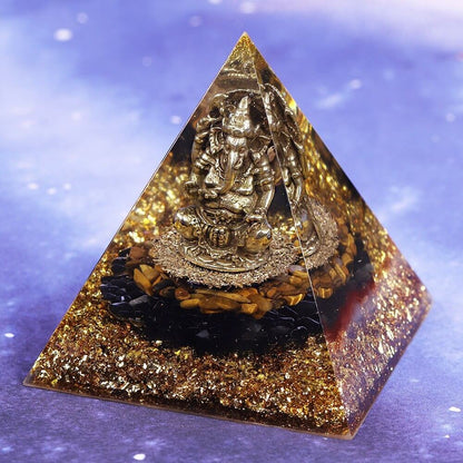 Pyramide Orgonite Ganesh Obsidienne et Oeil de Tigre - Prospérité