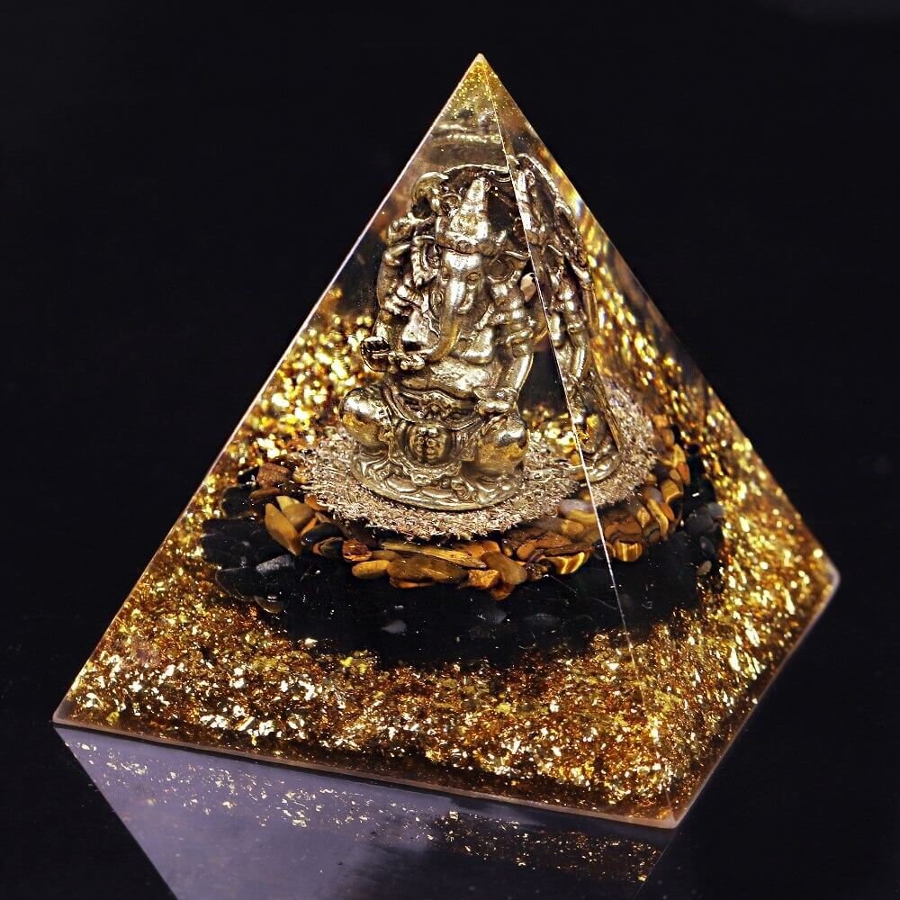 Pyramide Orgonite Ganesh Obsidienne et Oeil de Tigre - Prospérité