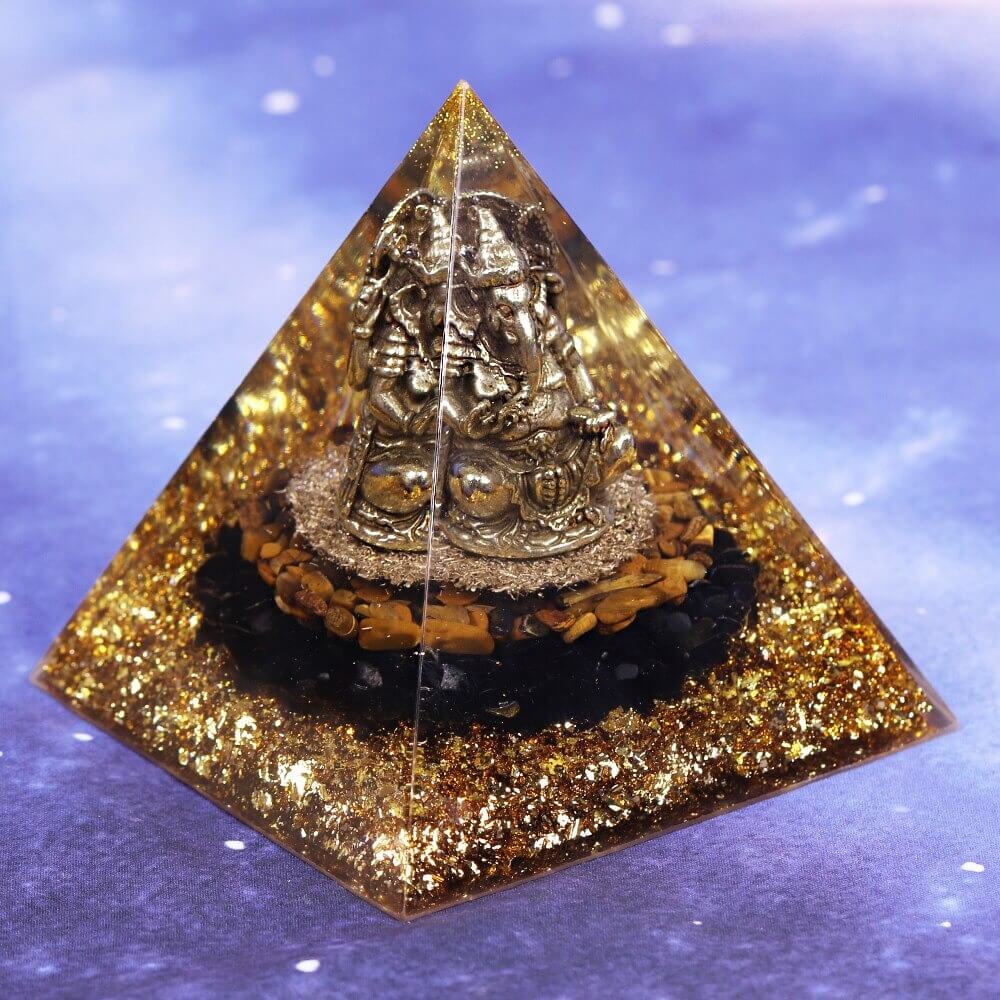 Pyramide Orgonite Ganesh Obsidienne et Oeil de Tigre - Prospérité