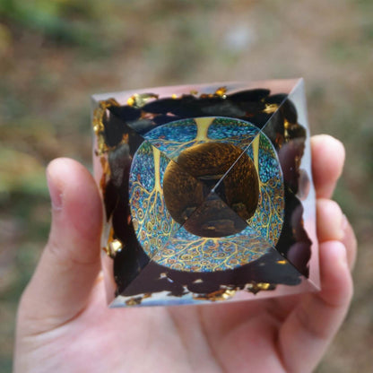 Pyramide Orgonite Obsidienne et Oeil de Tigre - Renaissance