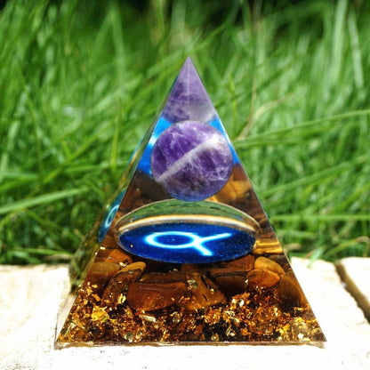 Pyramide Orgonite du Zodiaque Améthyste et Oeil de Tigre -  Taureau