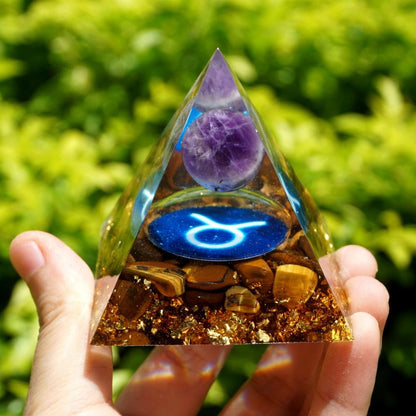 Pyramide Orgonite du Zodiaque Améthyste et Oeil de Tigre -  Taureau