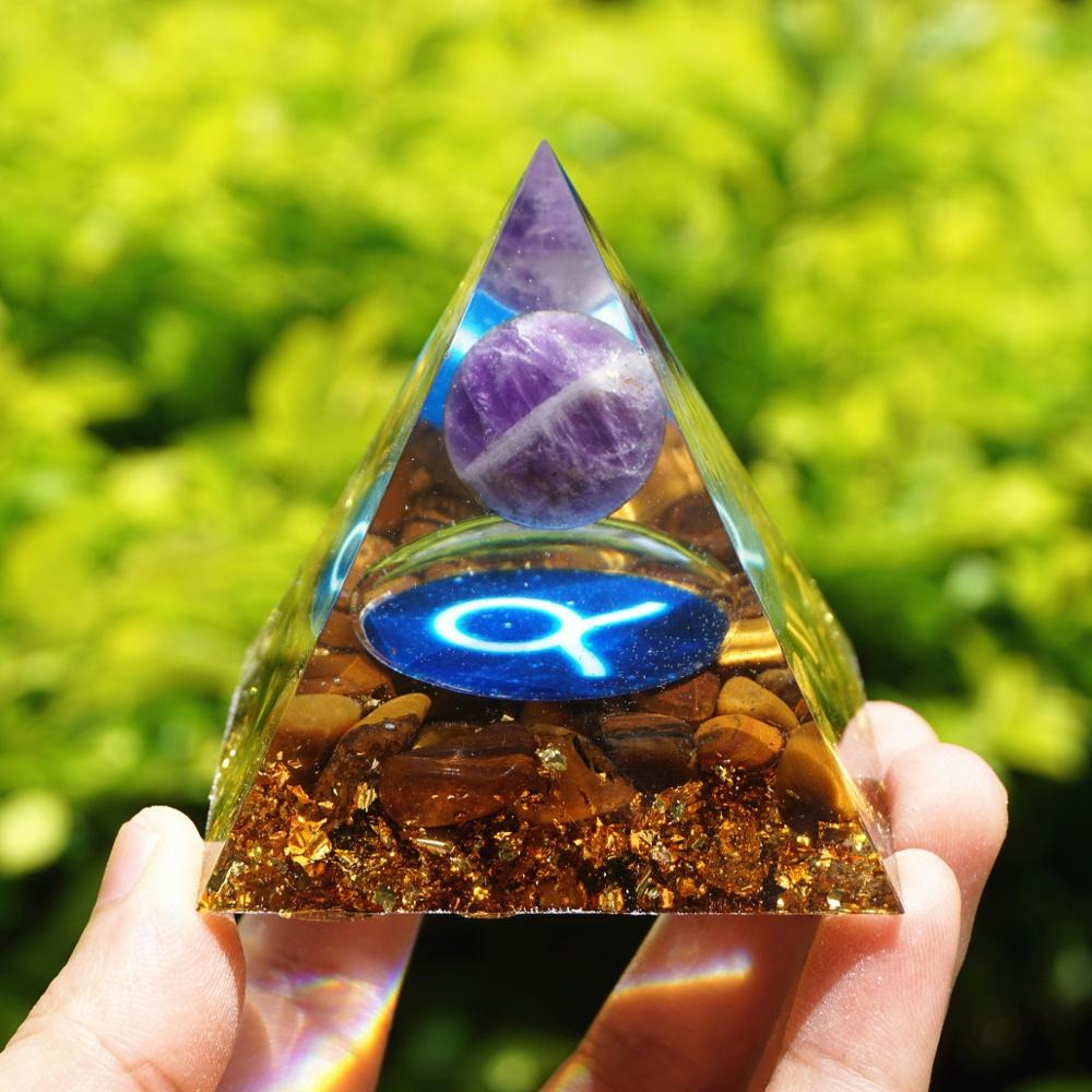 Pyramide Orgonite du Zodiaque Améthyste et Oeil de Tigre -  Taureau