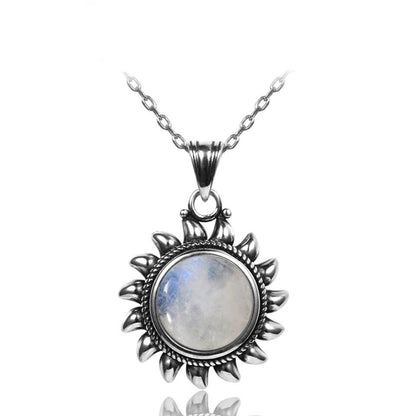 Pendentif Soleil Pierre de Lune avec Chaîne Argent Blanc