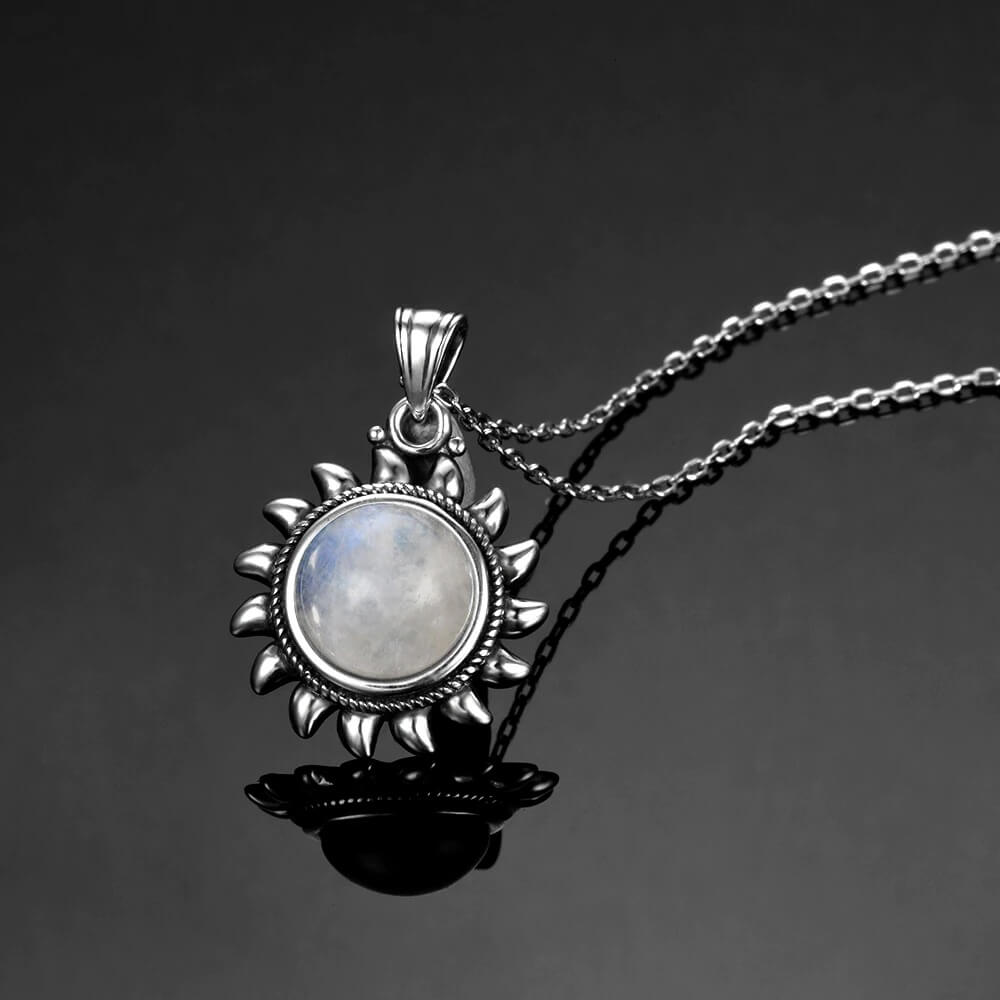 Pendentif Soleil Pierre de Lune avec Chaîne Argent Blanc