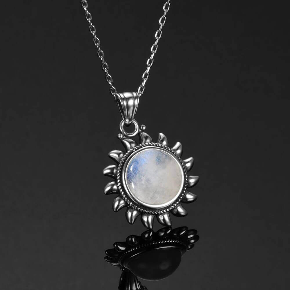 Pendentif Soleil Pierre de Lune avec Chaîne Argent Blanc