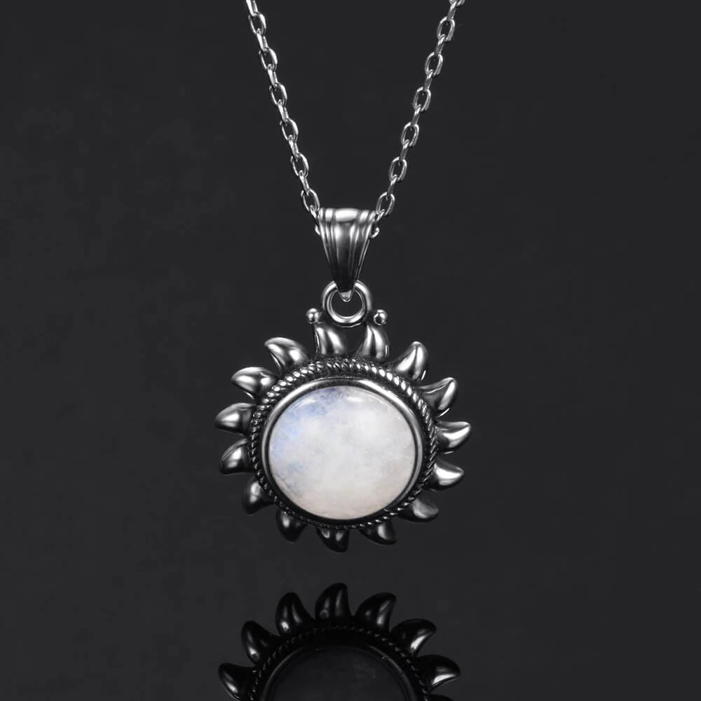 Pendentif Soleil Pierre de Lune avec Chaîne Argent Blanc