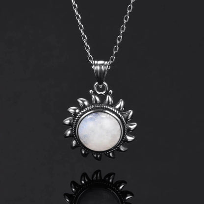 Pendentif Soleil Pierre de Lune avec Chaîne Argent Blanc