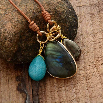 Collier Triple Pendentif Labradorite, Amazonite et Pyrite